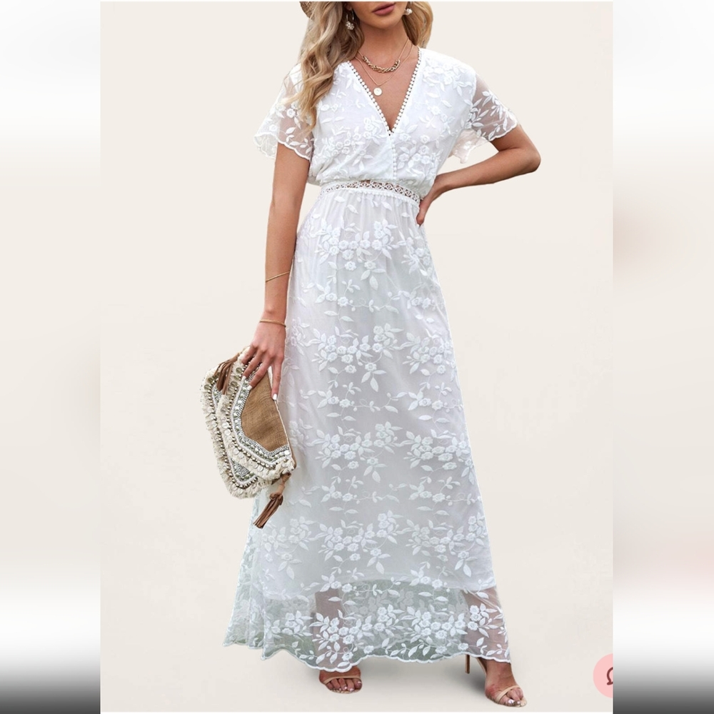 Azazie All Of My Heart White Lace Short Sleeve Maxi Dress